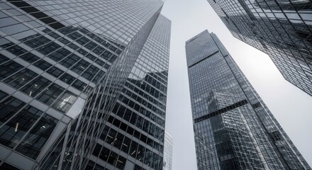 Low angle shot of modern, glass skyscrapers reaching toward a bright, overcast sky