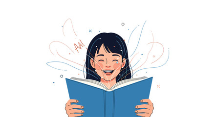 Young person reading a book and laughing with joy, with colorful lines emanating from the pages.
