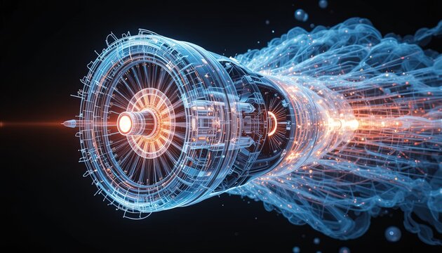 Futuristic engine design concept showcasing data stream with stunning neon glow perfect for technology and innovation themes, dynamic and modern illustration