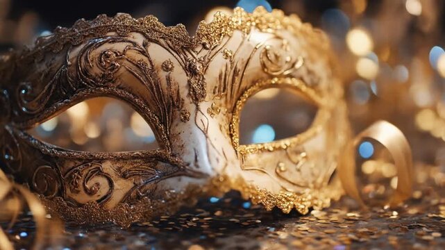 Elaborate gold masquerade mask with intricate filigree, resting among shimmering bokeh lights glint