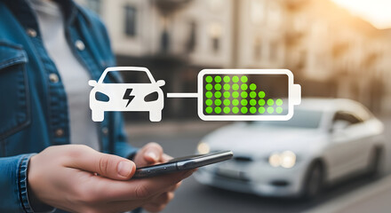 Person uses phone to monitor electric vehicle charging status showing battery level and connection to the car highlighting ecofriendly transportation and sustainable energy