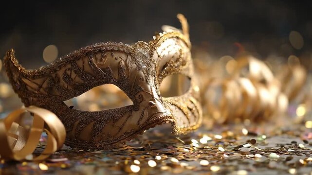 Luxurious gold masquerade mask rests among glittering confetti with warm bokeh glow and mystery now