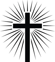 Black Christian cross with radiating lines religion