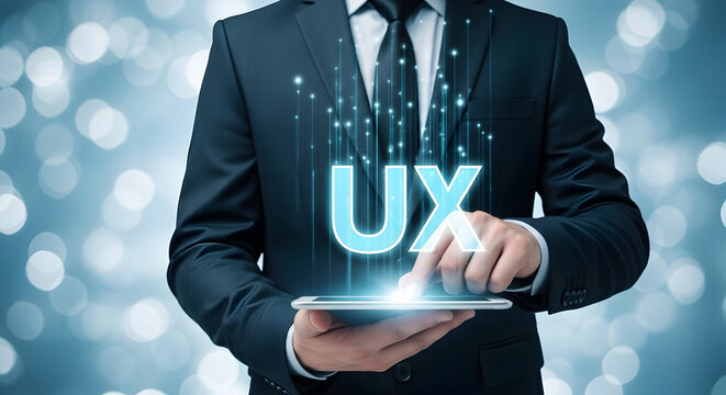 Businessman interacts with ux design on a digital tablet showcasing user experience and interface concepts for modern technology and business applications in a professional setting