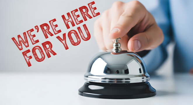 Hand presses a shiny silver service bell with the message "We're Here For You" in red symbolizing customer service hospitality and immediate assistance in a hotel or business setting conveying support