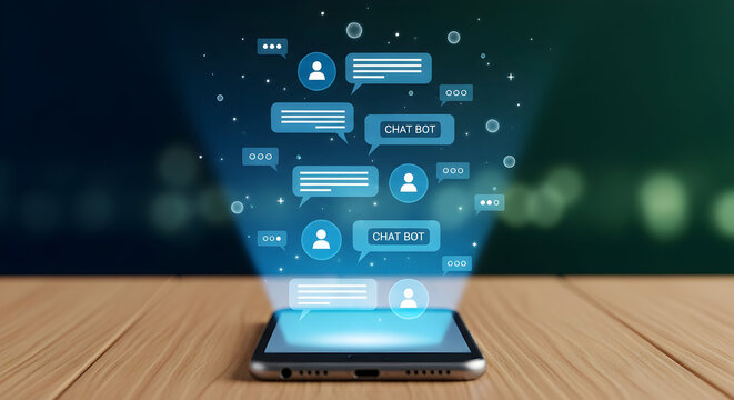 Smartphone displays chat bot messages with digital speech bubbles and user icons showcasing ai technology and communication on a wooden surface with a blurred background for modern tech solutions