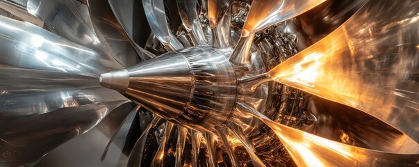 Jet engine close-up at night on wet airport runway.