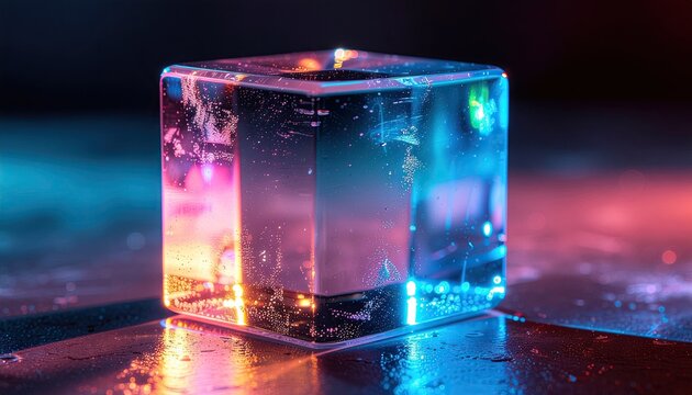 Abstract Glass Cube Illuminated by Neon Lights in a Dark Studio with Water Droplets and Sparkling Particles