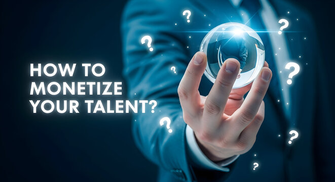How to monetize your talent concept with a businessman holding a crystal ball surrounded by question marks representing career opportunities financial success and business strategy for growth and inno