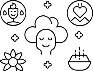 Inner peace and happiness icon set for wellbeing and mental health