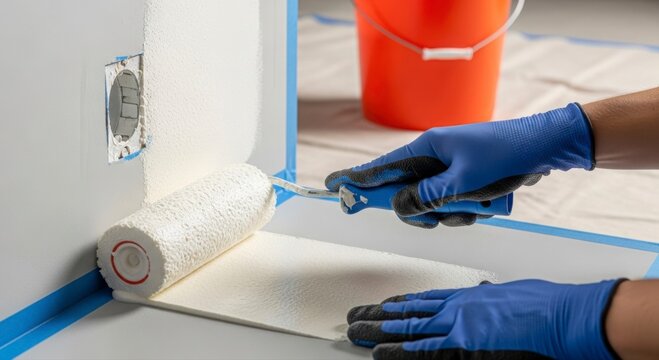 Hands in blue gloves painting a corner with a roller brush and white paint