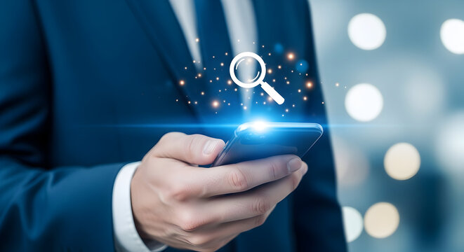 Man in suit uses a smartphone with a magnifying glass icon representing search data analysis and information retrieval in a modern business context for online research and investigation