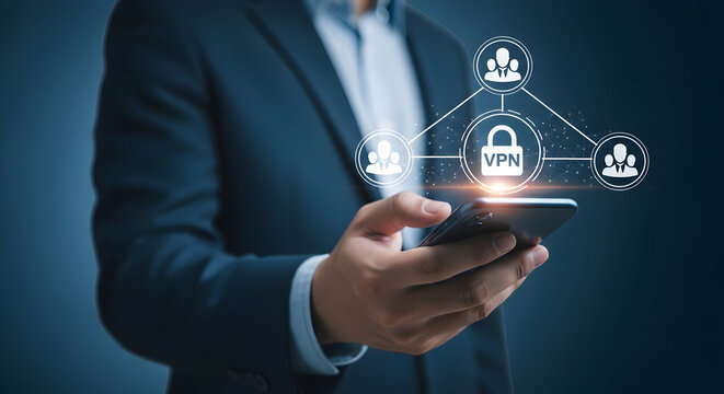 Businessman uses smartphone with vpn connection for secure online communication and data protection ensuring privacy and safety in network access for remote work and digital transactions