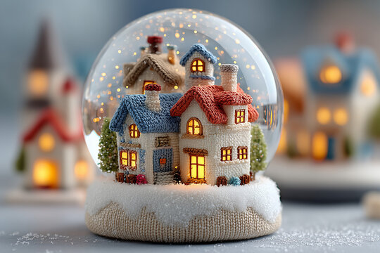 snow globe containing a cozy house, swirling snowflakes, warm brown and gray tones, soft lighting creating a nostalgic atmosphere,