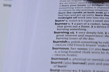 English Dictionary Page Close Up With The Word Meaning Of -burning