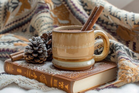 Ceramic mug filled with dark beverage and cinnamon sticks rests atop a book with winter decor.