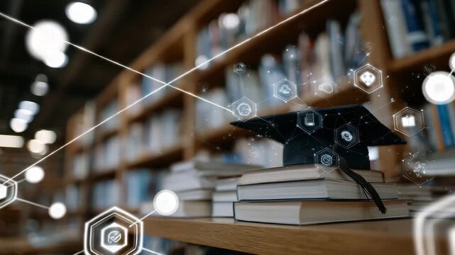 193Conceptual learning scene with graduation cap on books, floating holographic icons representing technology, innovation, and study, natural light reflecting off polished wooden shel