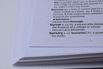 English Dictionary Page Close Up With The Word Meaning Of -bursar