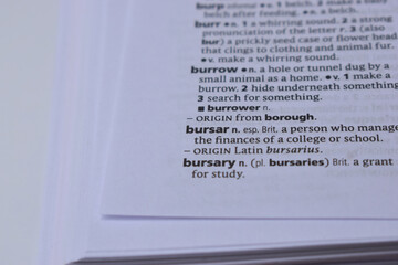 English Dictionary Page Close Up With The Word Of -bursar