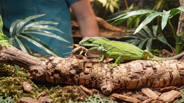 Close up of person feeding green lizard a cricket with tweezers in terrarium. Scene shows reptile care and feeding routine. Great for pet shop advertising and veterinary websites.