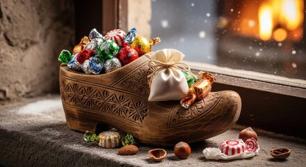 Obraz premium Festive wooden clog overflowing with sweet treats and nuts, placed on a cozy windowsill during holiday season