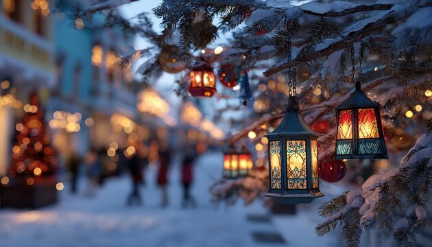 Illuminated hanging lanterns adorn snow-covered evergreen branches during a festive winter evening outdoors