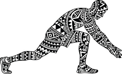 Fototapeta premium Decorative tribal patterned athlete stretching in dynamic pose, symbolizing fitness, flexibility, cultural artwork style, sports preparation, body movement, and creative monochrome illustration design