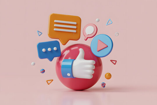 3D Social Media Icons: Thumbs Up, Chat Bubbles, and Play Button