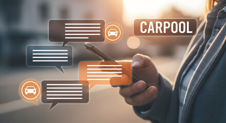 Person uses carpool app on smartphone with message bubbles and car icons showcasing ride sharing and transportation technology for commuters and sustainable travel options in urban environments