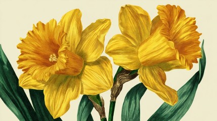 Obraz premium Vibrant Yellow Daffodils with Trumpet-Shaped Centers Surrounded by Green Leaves Against a Soft Background