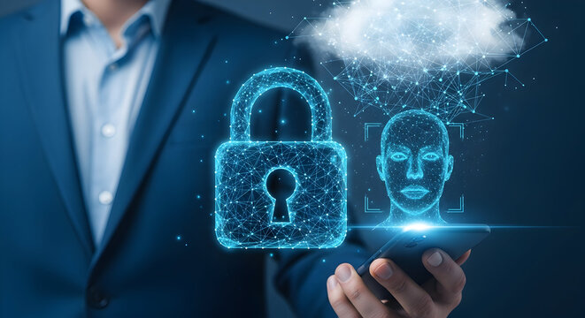 Digital security concept featuring a glowing padlock and facial recognition technology on a smartphone held by a person in a suit representing data protection and cybersecurity solutions - Powered by Adobe