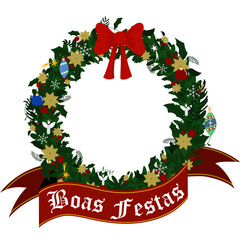 Guirlanda de Natal festiva com la&ccedil;o vermelho e faixa em portugu&ecirc;s &ldquo;boas festas&rdquo;