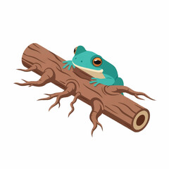 A vibrant green frog perched on a textured tree branch.