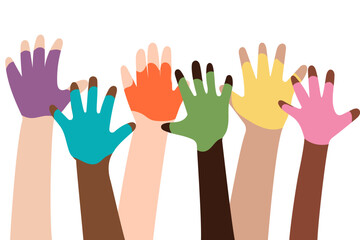 Diverse raised hands in vibrant colors. Symbol of unity, support, volunteering, equality and teamwork. Perfect for campaigns, education and social projects. Different  hands with rainbow pain on it