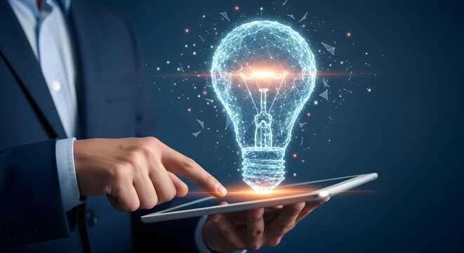 Businessman interacts with a digital lightbulb on a tablet representing innovation and technology showcasing a modern approach to problemsolving and creative solutions in business and technology. - Powered by Adobe