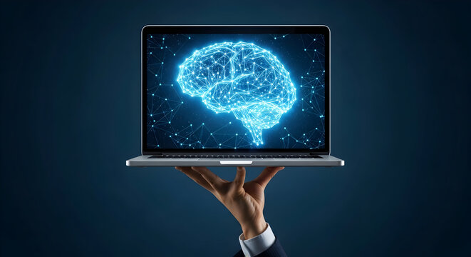 Hand presents laptop displaying a glowing brain illustration against a dark blue background symbolizing artificial intelligence and cognitive technology for business and innovation ideas - Powered by Adobe