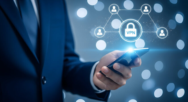 Businessman uses a smartphone with VPN connection for secure network access showcasing cybersecurity and data protection with encryption technology in a modern digital environment for business use