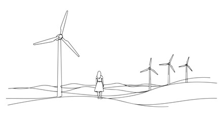 A single line art drawing of a woman standing in a vast field of wind turbines under a continuous sky