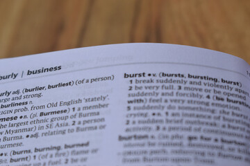 English Dictionary Page Close Up With The Word Meaning Of -burst