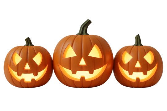 Three carved pumpkins glowing on transparent background
