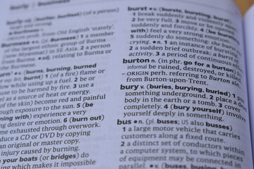 English Dictionary Page Close Up With The Word Meaning Of -bury