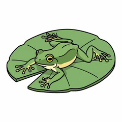 A green frog resting on a lily pad in a pond.