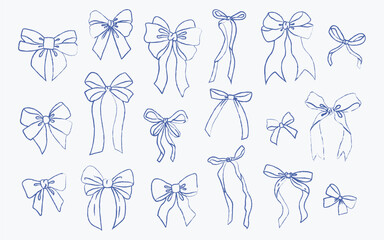 Set of doodle hand drawn trendy coquette blue bows and ribbons. Whimsical minimalist vintage vector illustration for holiday poster, greeting cards, wedding invitations, branding
