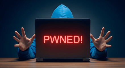 Hooded hacker with laptop displaying "pwned!" in red symbolizing cybersecurity breach and data vulnerability highlighting digital threats and the importance of online security measures