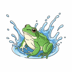 Cartoon green frog character sitting in a blue water splash.