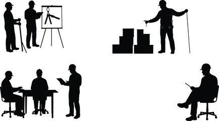 Engineers and architects discussing construction plans, project management and design planning process, teamwork and supervision in engineering meeting illustration