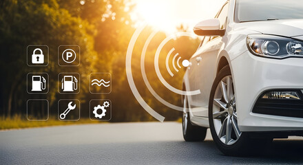 Modern white car showcasing smart technology and connectivity features including remote locking parking assist fuel level monitoring and maintenance alerts enhancing the driving experience