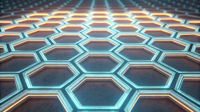 Glowing hexagonal grid with neon blue and orange lights