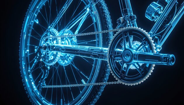 Stunning futuristic neon bicycle design with glowing blue lines perfect for technology, transport, and innovation marketing materials and website graphics