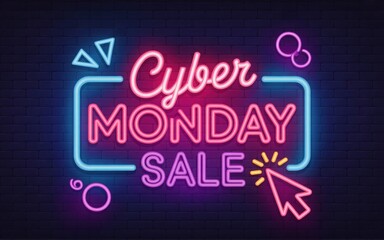Vibrant neon cyber monday sale sign glowing for online shopping discounts and offers
